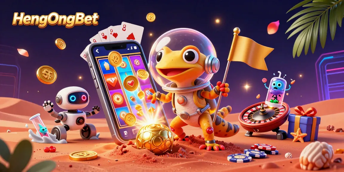 Engage with HengOngBet in a vibrant 3D scene of casino excitement filled with colorful games and elements.