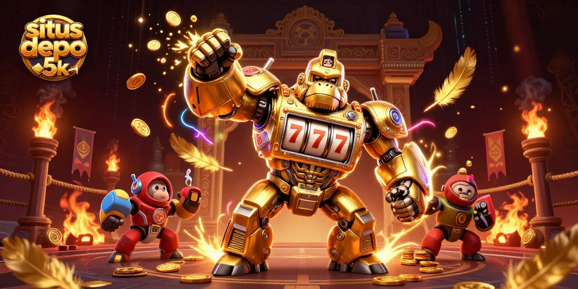 Experience thrilling gameplay with situs depo 5k, featuring a powerful golden gorilla mech and dynamic symbols.