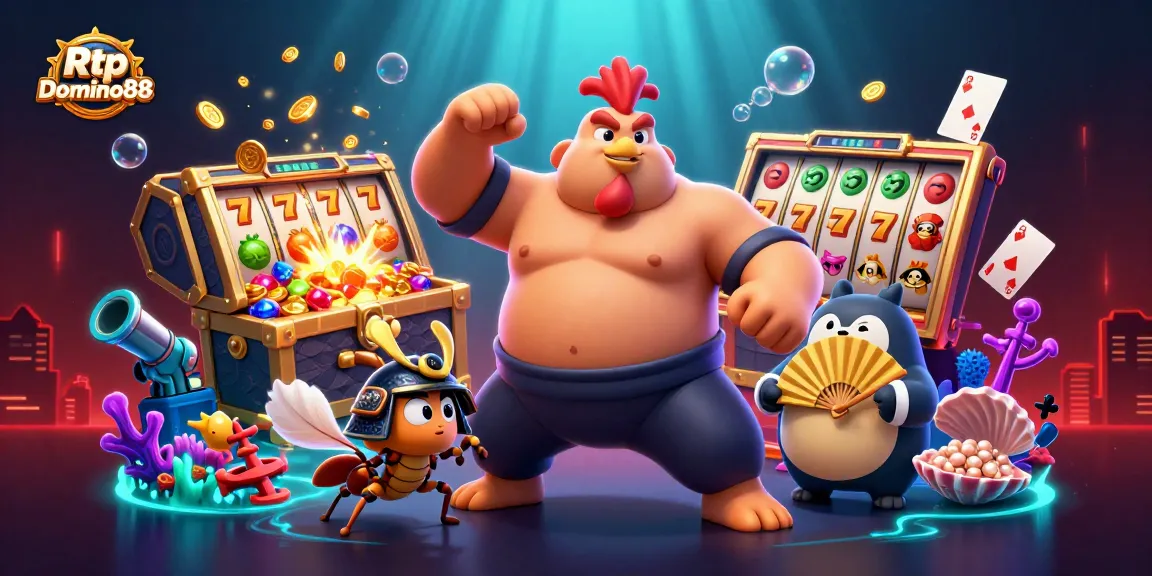 Experience high RTP Domino88 slots with an exhilarating 3D scene featuring a roaring sumo rooster and samurai cricket.