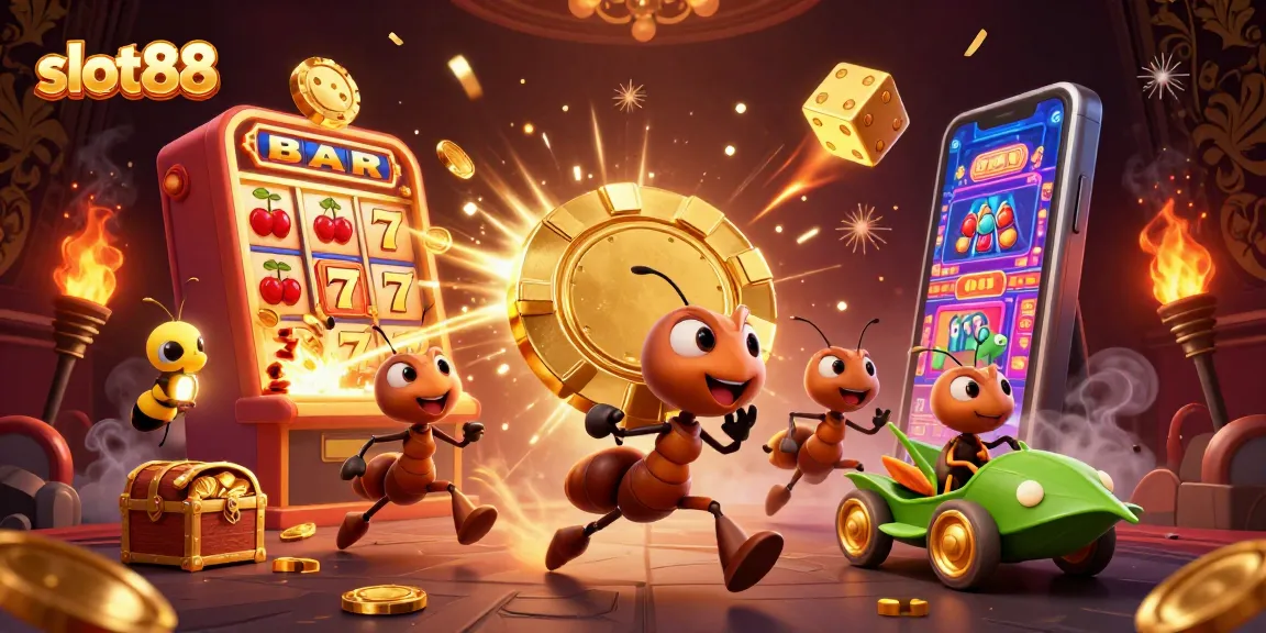 Mainkan slot88 dengan seru saat tim semut mencuri chip poker emas dalam ilustrasi kasino yang menarik.