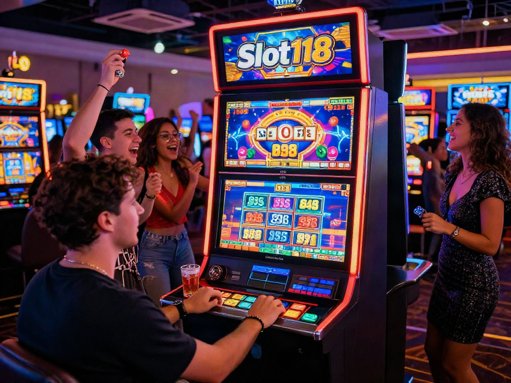 Players enjoying the thrill of slot118 in a colorful casino setting, vibrant atmosphere, and winning moments.