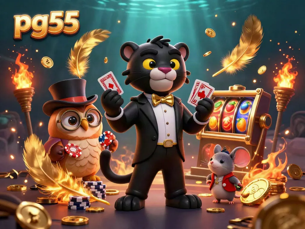 Experience thrilling gameplay with pg55’s stylish cartoon characters dealing cards and winning tokens in a dynamic casino setting.