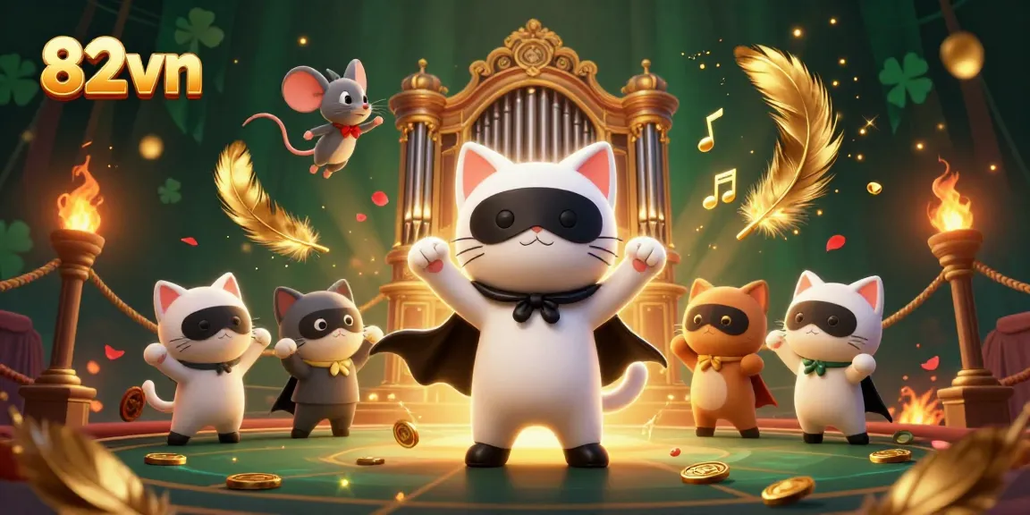 Engage in thrilling action at 82vn with a dynamic casino scene featuring a phantom cat and acrobat.