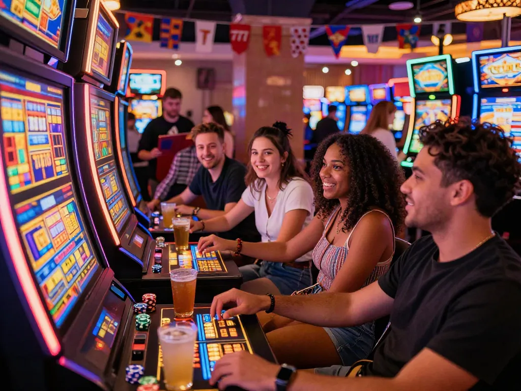 Friends enjoying the vibrant Lucky777 slot machines at a lively casino.