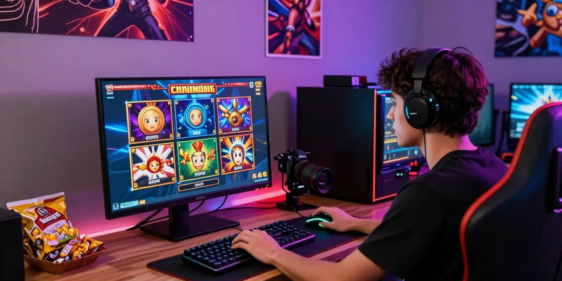 Seorang pemain sedang bermain slot online dengan grafik menarik dan aksesori gaming.