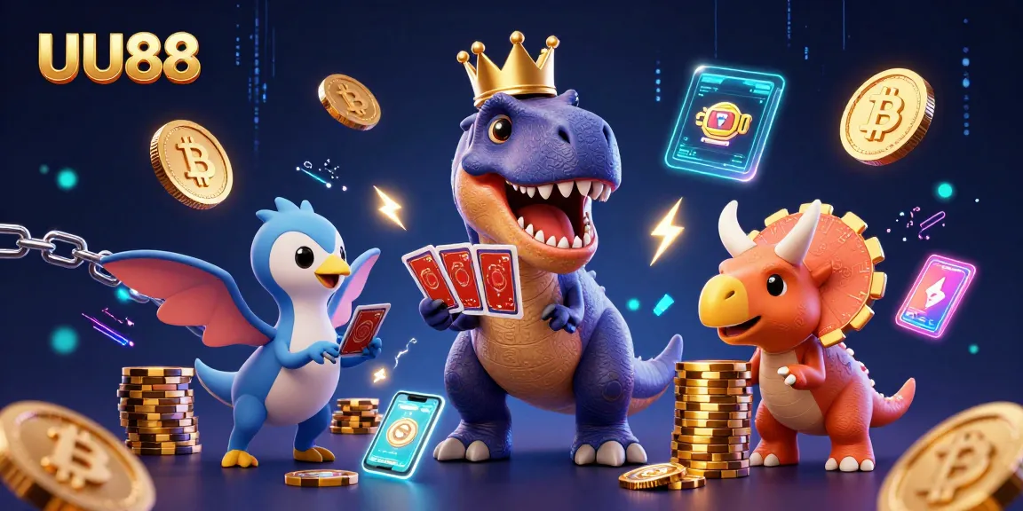 UU88 evokes excitement with a colorful 3D mashup of friendly dinosaurs engaging in card games and chip stacking.