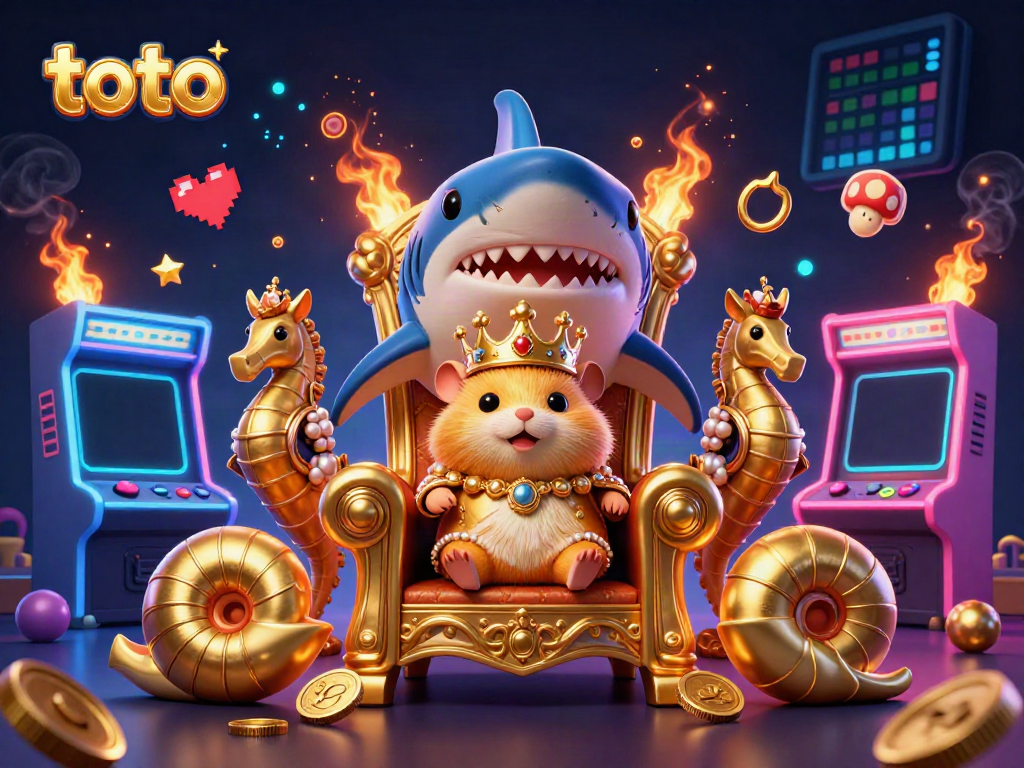Engage in thrilling toto casino games with a majestic golden hamster king surrounded by vibrant arcade elements.