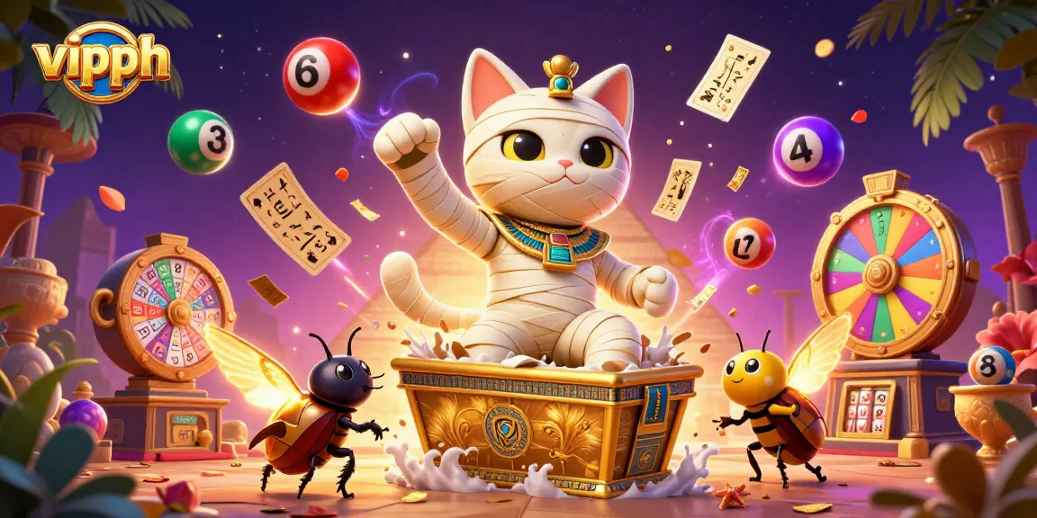 Experience the thrilling vipph casino with a mummy cat and scarab beetle amidst lottery excitement.