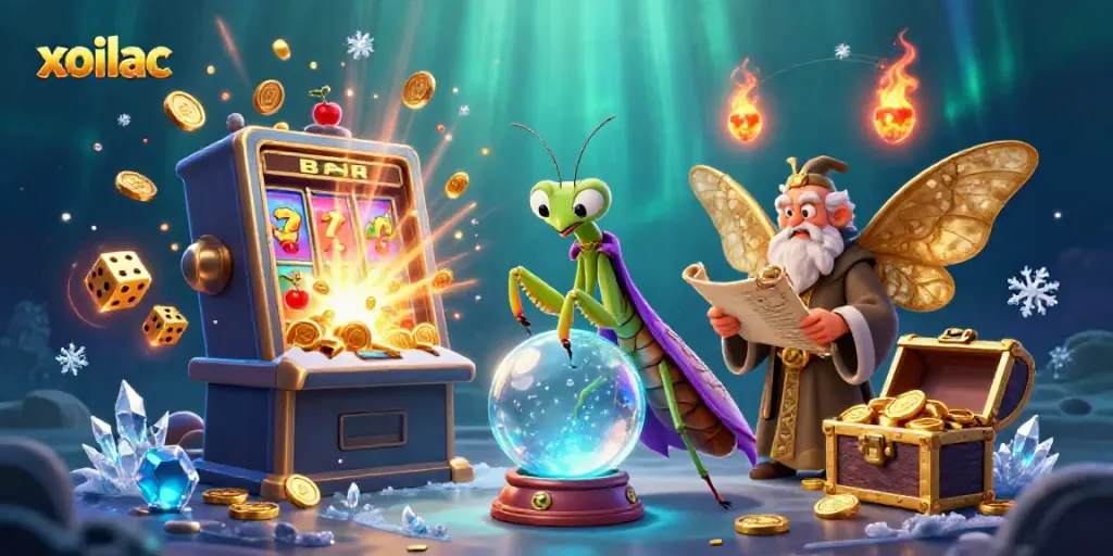 Engage with xoilac's dynamic casino scene featuring a fortune teller and a moth librarian amidst vibrant gaming elements.