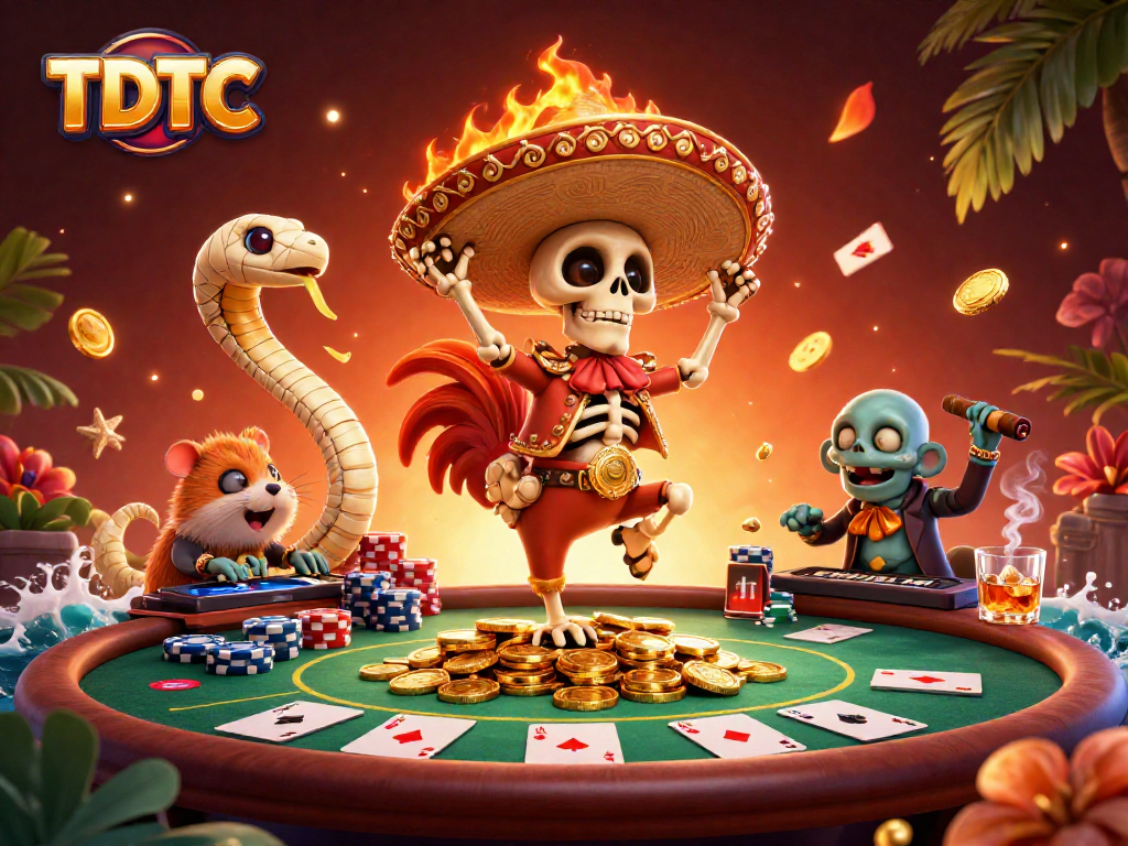 Engage in the excitement of TDTC with a vibrant 3D casino scene featuring playful characters and dynamic poker elements.
