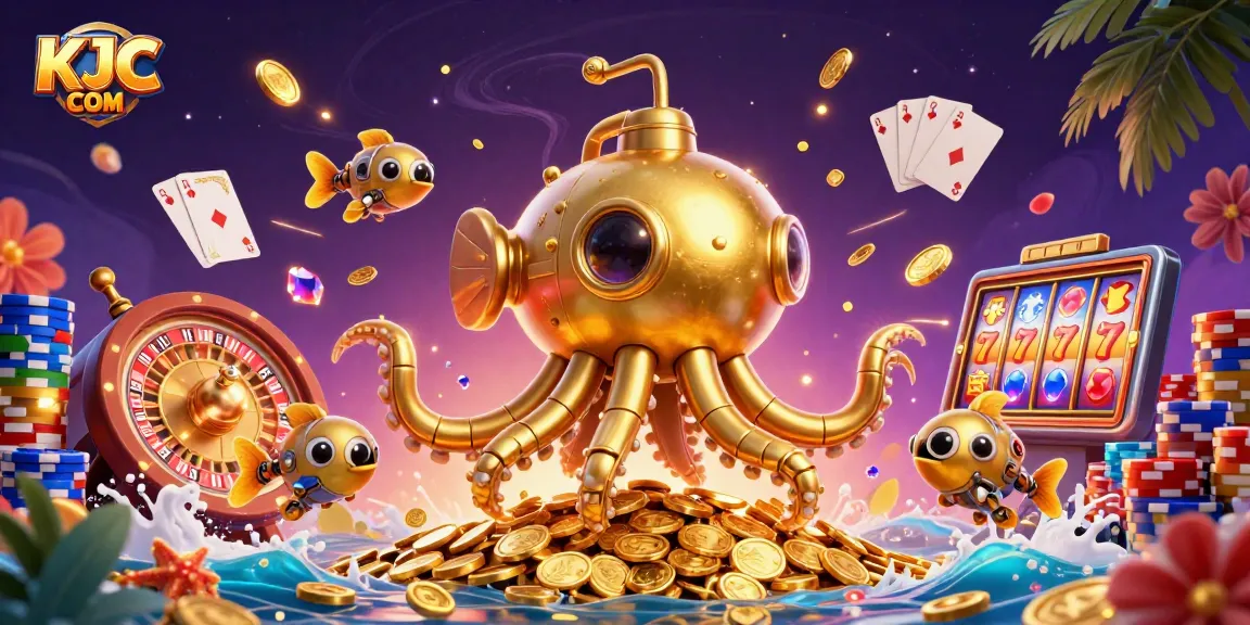 Experience thrilling gameplay at KJC COM with a vibrant casino scene featuring golden winnings and exciting gaming elements.