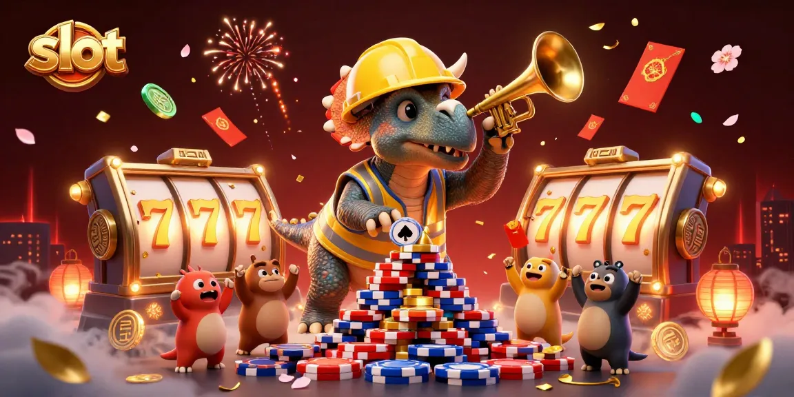 Spin to win with slot reels surrounded by a triumphant triceratops and festive elements.