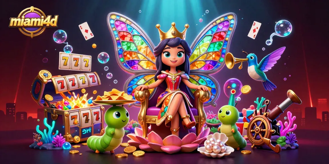 Experience thrilling excitement with miami4d as a vibrant butterfly queen presides over a packed casino scene filled with slots and treasures.