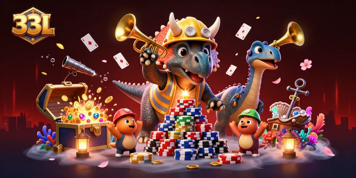 33L offers an engaging casino experience with a vibrant scene featuring a 3D cartoon triceratops building poker chip pyramids.
