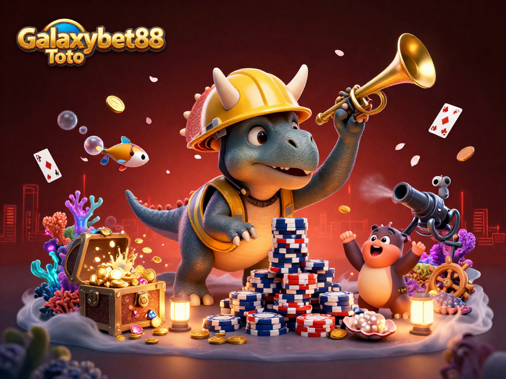Experience Galaxybet88 Toto's excitement with festive characters and casino treasures in a vibrant scene.