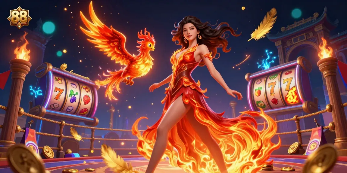 Experience thrilling casino action with 88 AA as a fiery phoenix and stunning Asian character ignite the gaming excitement.
