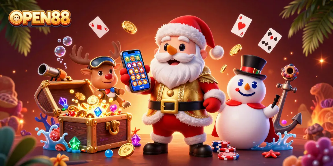 Experience thrilling wins at OPEN88 with Santa and friends in a vibrant casino scene.