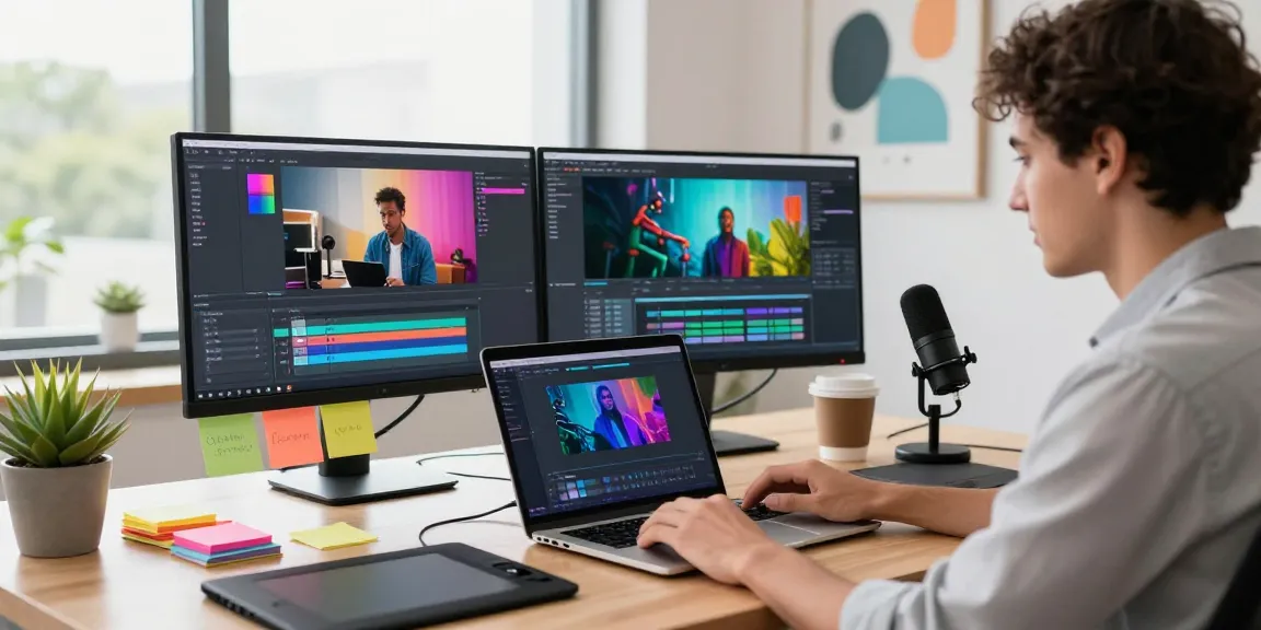 Creating AI video generator content in a tech workspace, showcasing dual monitors and creative tools.