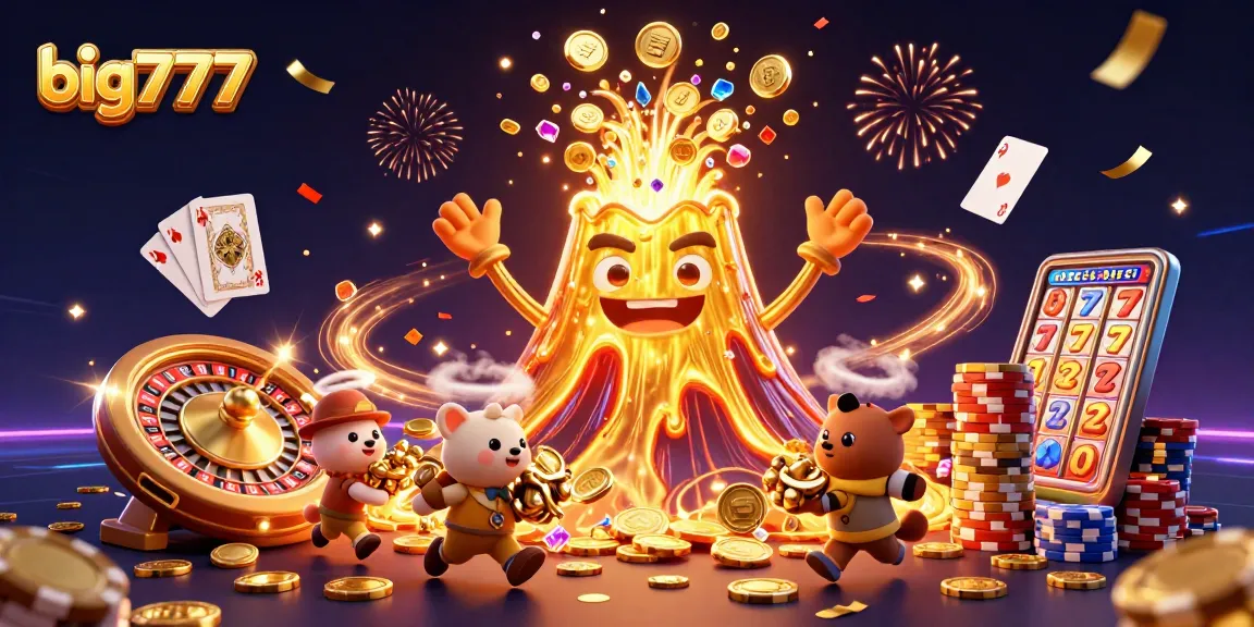 Engage with big777 through this vibrant casino-themed 3D illustration filled with treasures.