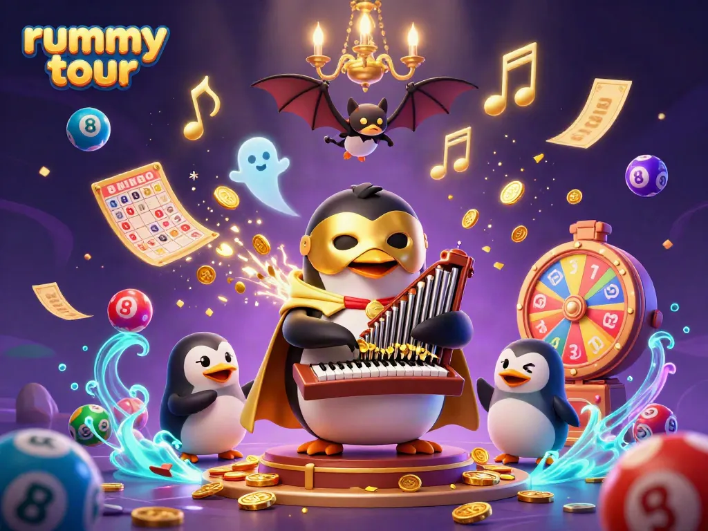 Mainkan rummy tour dengan ilustrasi 3D menarik menampilkan penguin opera yang dimainkan di kasino.