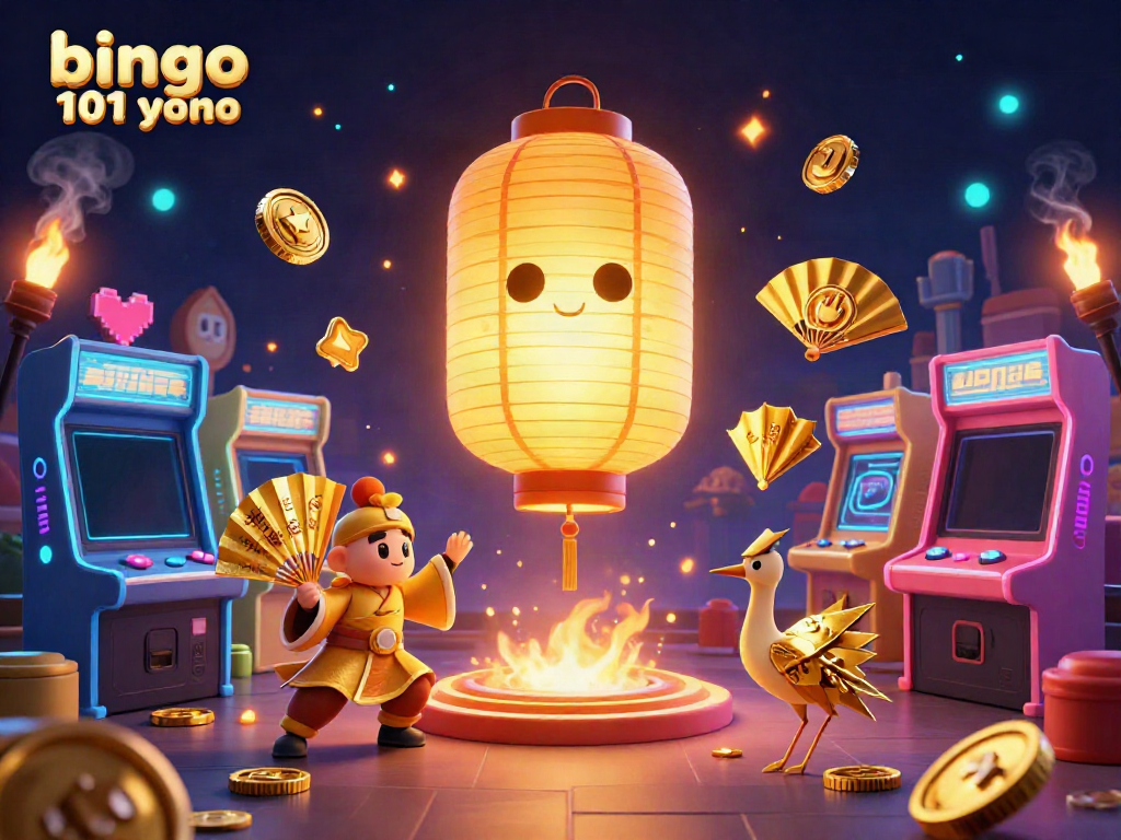 Engage with bingo 101 yono through a vibrant 3D casino illustration showcasing colorful gameplay elements and characters.