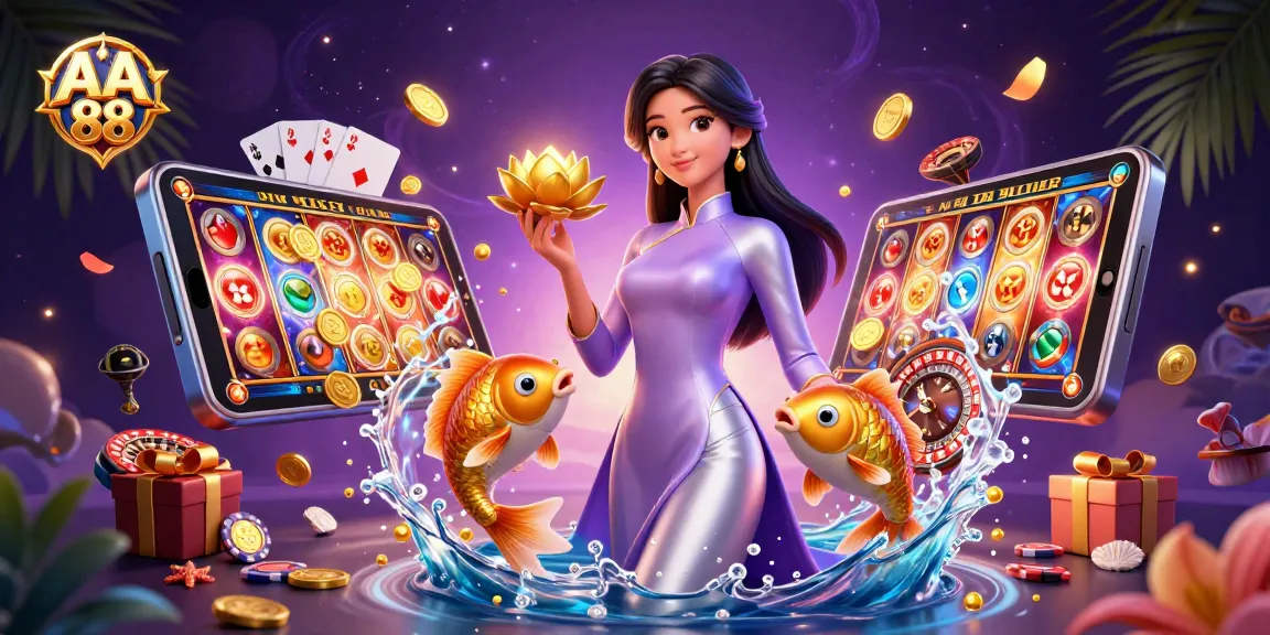 Win big with AA 88 in this captivating casino scene featuring vibrant slot games and dynamic characters.