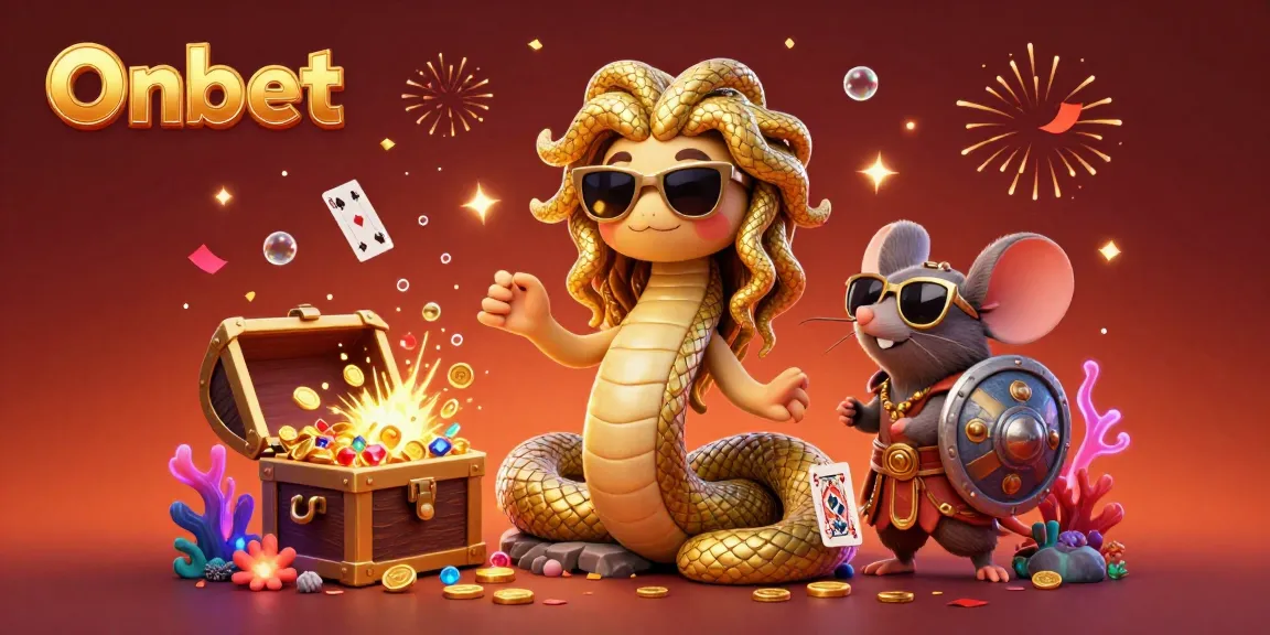Experience thrilling gameplay at Onbet, with Medusa and a warrior mouse among gold treasures and lively casino elements.