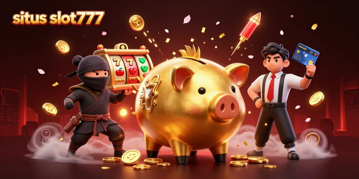Engage with situs slot777 featuring an animated golden piggy bank sumo wrestler amidst explosive casino elements, creating a festive gambling atmosphere.