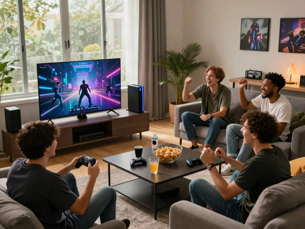 Pengalaman bermain yang nyaman dengan KONEK4D dan GRANDBET88 bersama teman-teman, suasana ceria dengan dekorasi gaming.