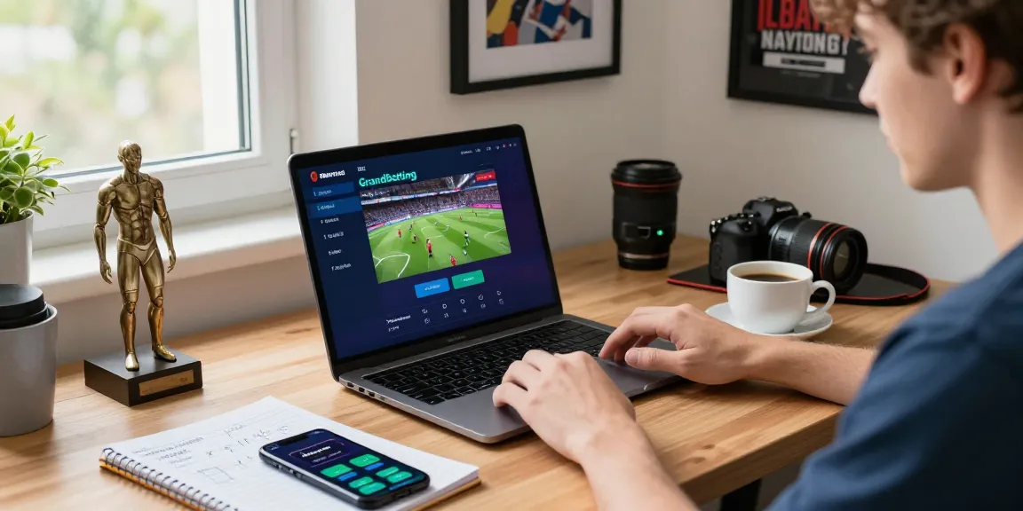 Engaging with Grandbetting's online betting platform in a vibrant home office.