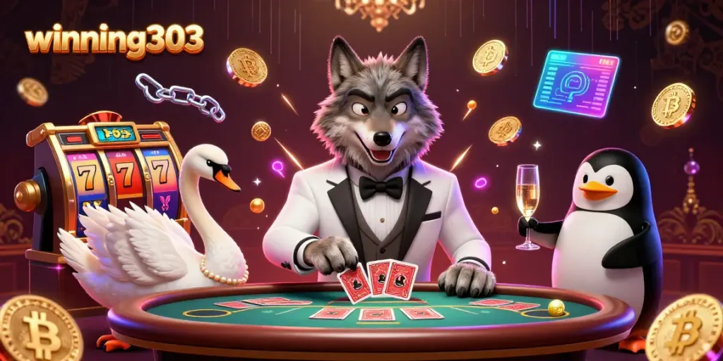 win big with winning303 at a baccarat game surrounded by vibrant 3D casino elements