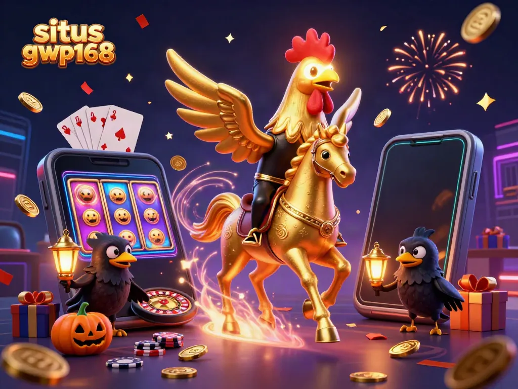Gambarkan situs gwp168 dengan karakter kasino 3D menarik yang bermain slot dan kartu dengan energik.