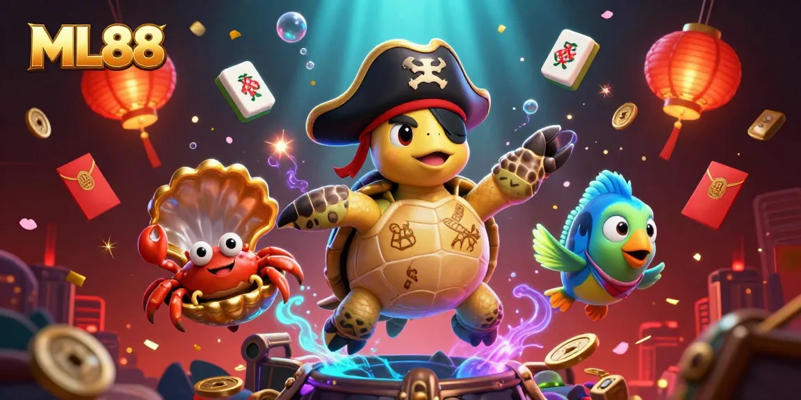 ML88 showcases a vibrant casino scene with a pirate turtle and treasure, enhancing the gambling experience.