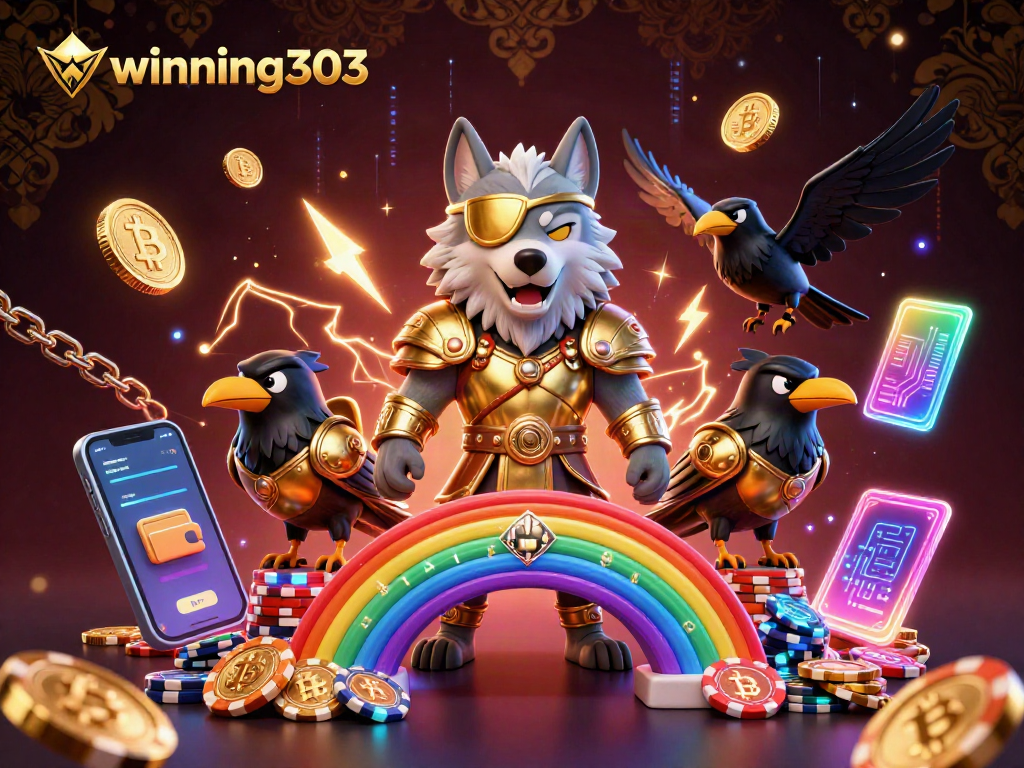 Join the winning303 gaming adventure with a vibrant scene showcasing mystical characters and crypto elements.