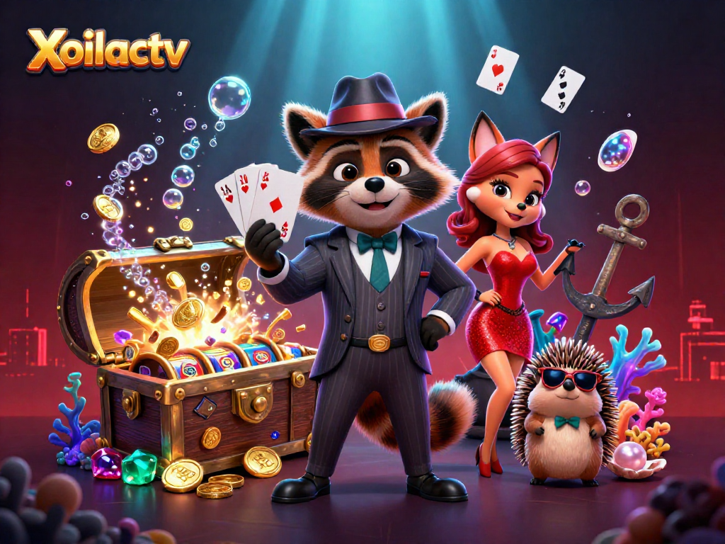 Xoilactv showcases a raccoon holding a royal flush among vibrant casino elements and underwater treasures.