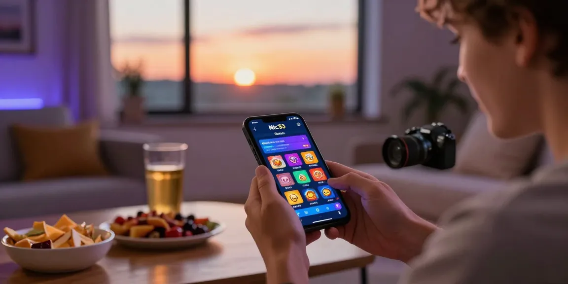 Engaging player enjoying Ntc33 app on smartphone in cozy gaming setup.