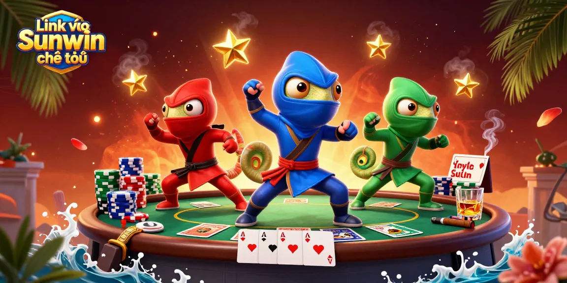 Experience the thrills of Link vào Sunwin chính thức with cartoon ninja chameleons in a vibrant casino scene.