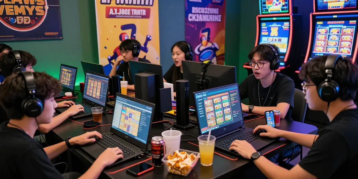Excited players engaging with ngamenjitu online gaming platform during a live session, surrounded by colorful dashboards and promotions.