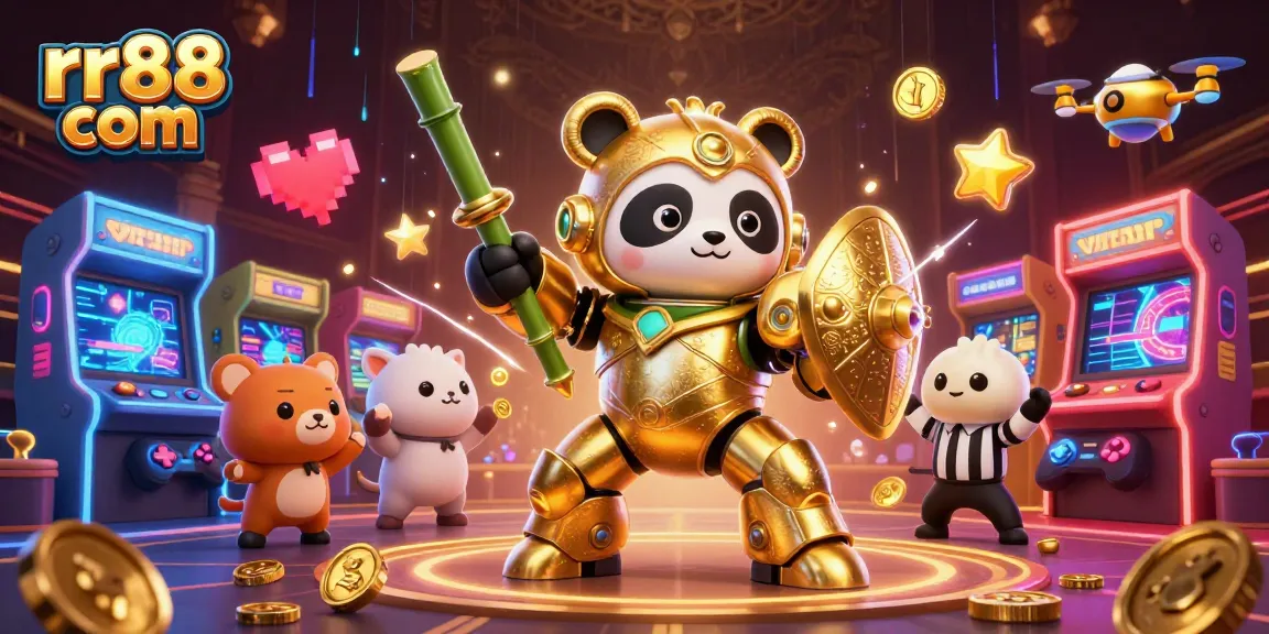 Experience fun gaming action at rr88 com with a vibrant 3D illustration showcasing a mech-suit panda in a dynamic casino environment.