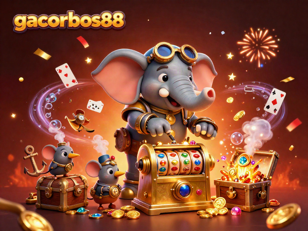 Spin the gacorbos88 slot machine with excitement in this vibrant 3D casino scene.