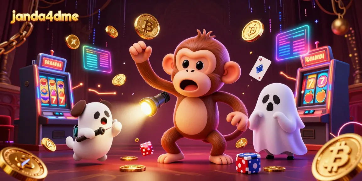 janda4dme menampilkan suasana kasino dengan karakter kartun hantu dan anjing pemburu yang melacak di tengah koin crypto