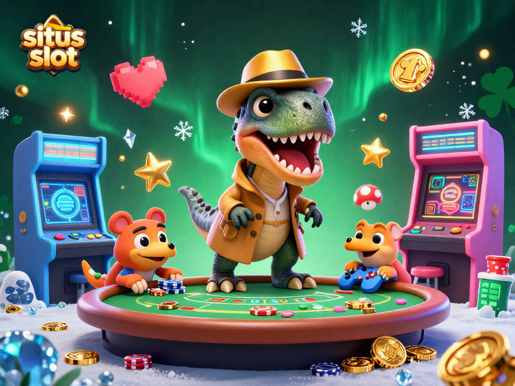 Permainan situs slot yang menarik dengan dinosaur kartun di meja blackjack, menciptakan suasana kasino yang menyenangkan.