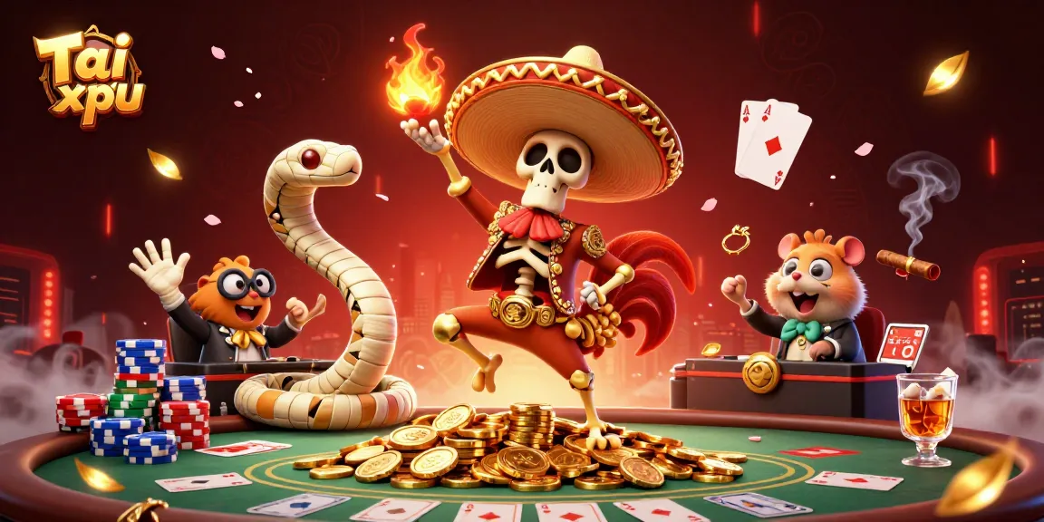 Tài xỉu victory dance by cartoon skeleton mariachi atop gold coins with vibrant casino elements