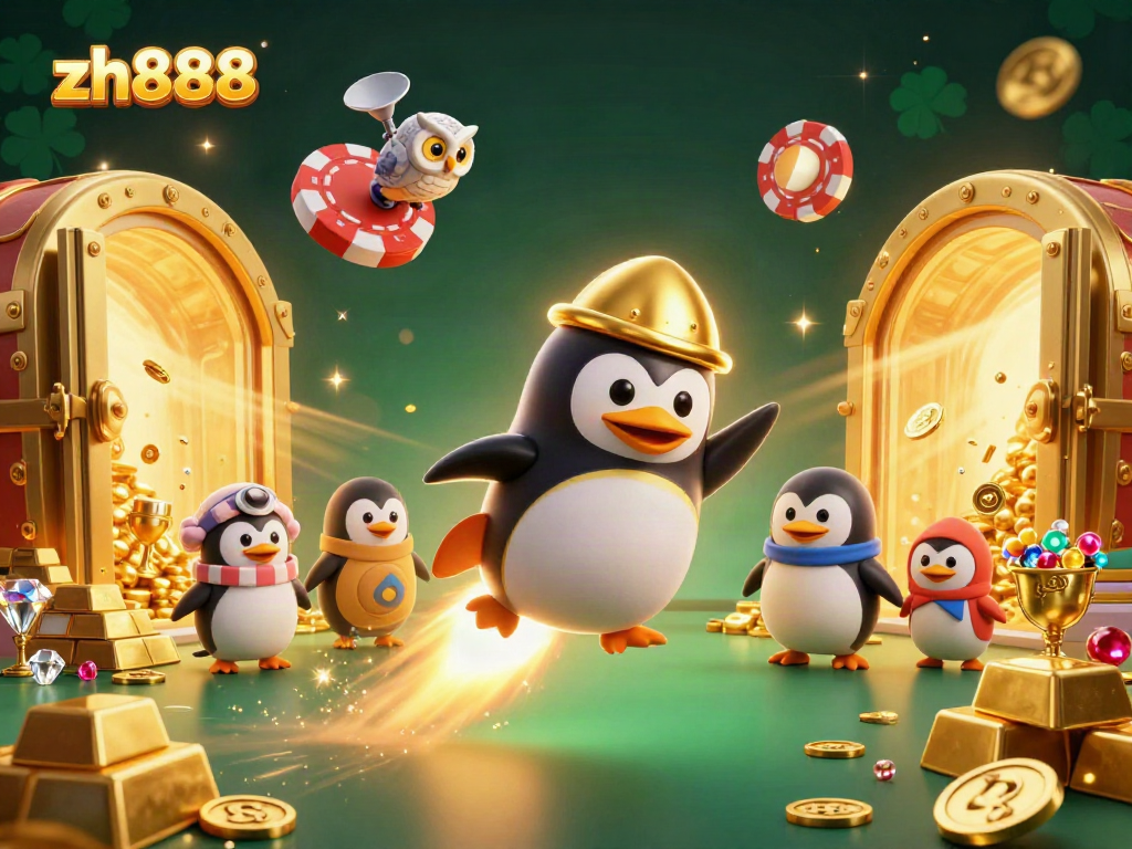 Play thrilling games with the zh888 platform featuring a golden penguin and treasure in a vibrant casino space.