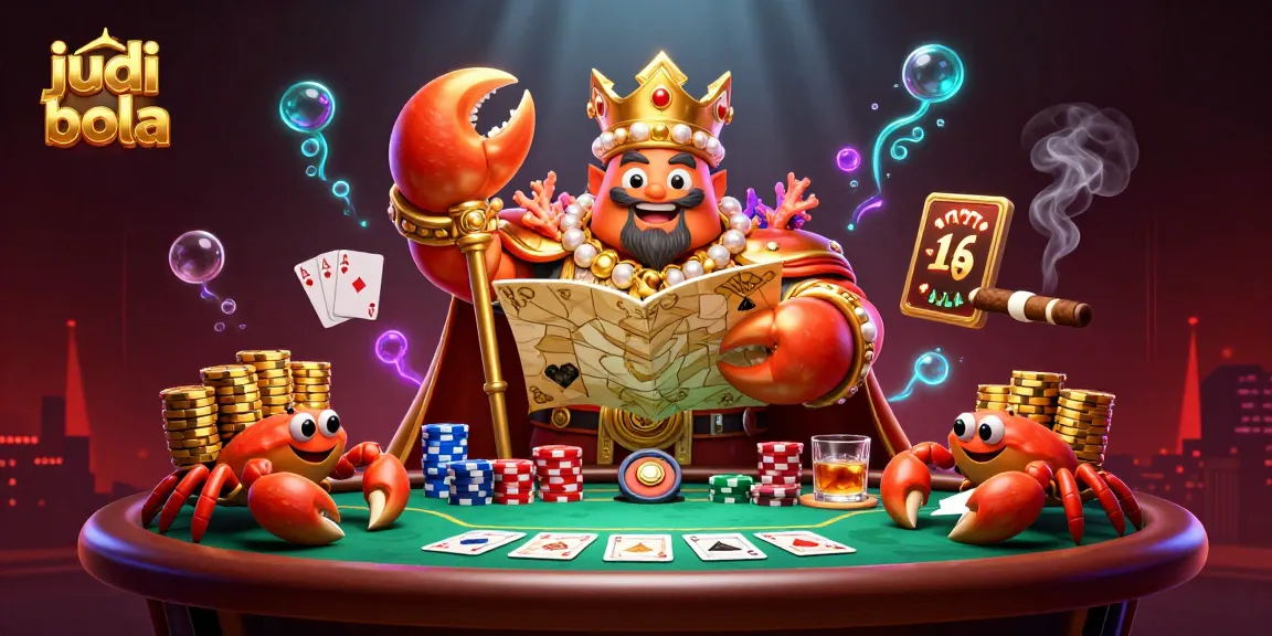 Engage in judi bola with vibrant scenes showcasing a lavish crab emperor at a poker table.
