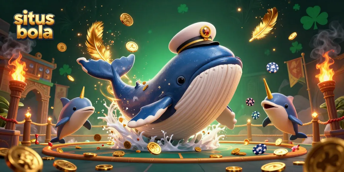 Join the excitement at situs bola with a whale captain, golden narwhal, and dolphins playing with poker chips.