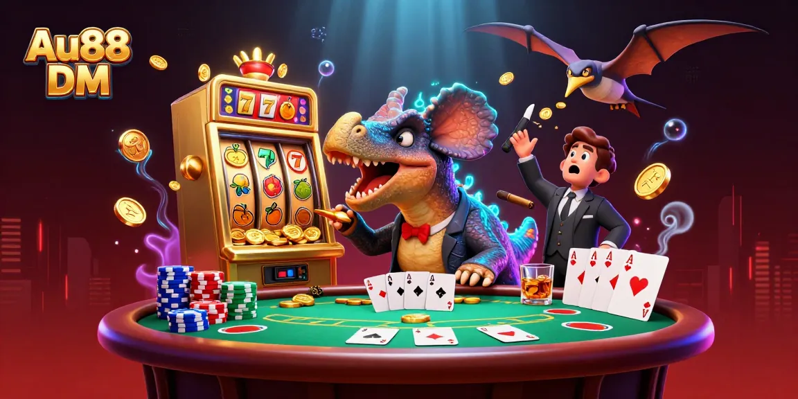 Headbutting slot machine and pteranodon flying coins in Au88 DM casino scene for engaging fun.