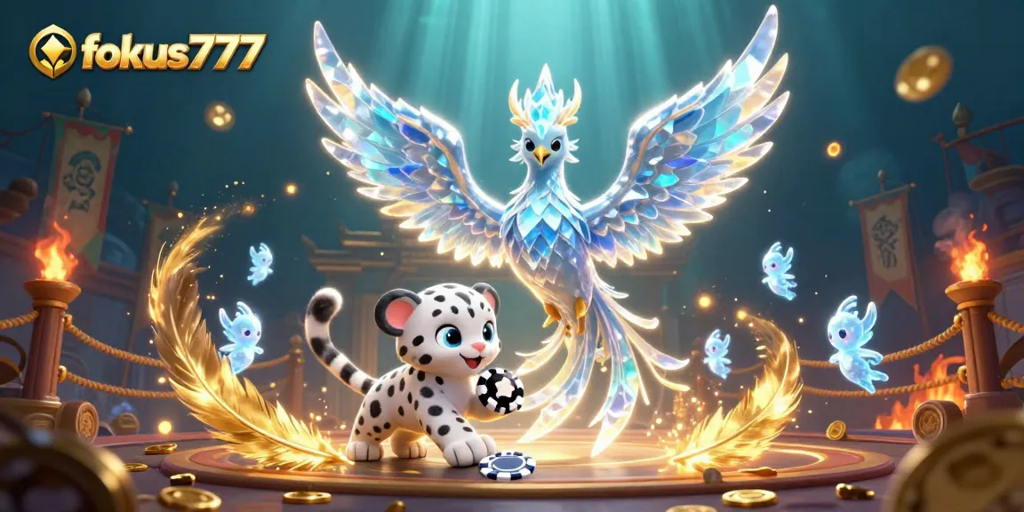 Engage with fokus777's dynamic casino scene featuring a phoenix, poker chip, and ice sprites.
