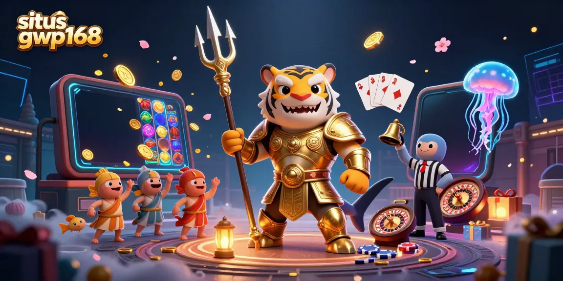 Permainan situs gwp168 dengan ikan hiu kartun bertopeng gladiator emas, latar bawah laut yang ramai.
