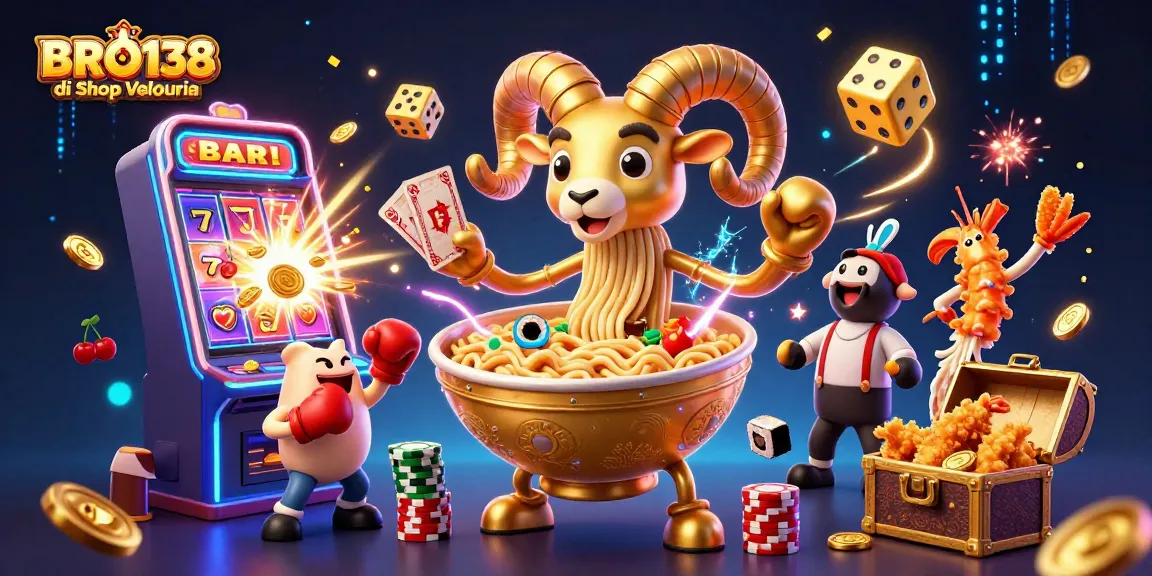 BRO138 di Shop Velouria showcases a vibrant scene of giant ramen bowl characters dealing cards and stacking chips amidst slot machine jackpots.
